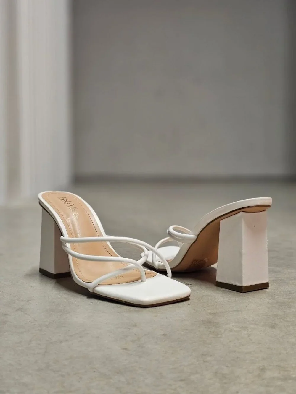 Womens White Strappy Block Heel Sandals With Square Toe Design